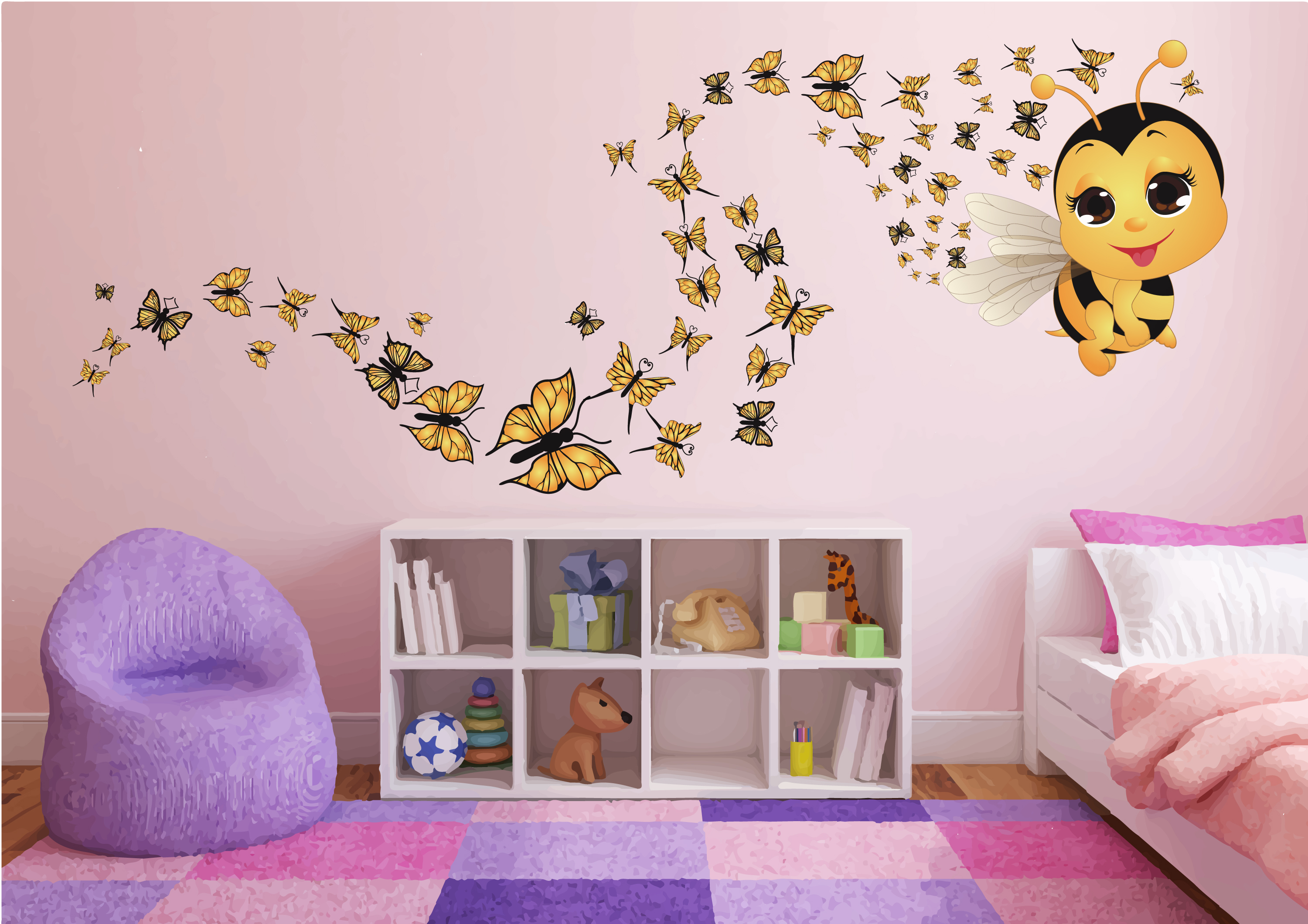 Wandtattoo Biene mit Schmetterlinge Wandaufkleber Wandsticker Kinderzimmer I