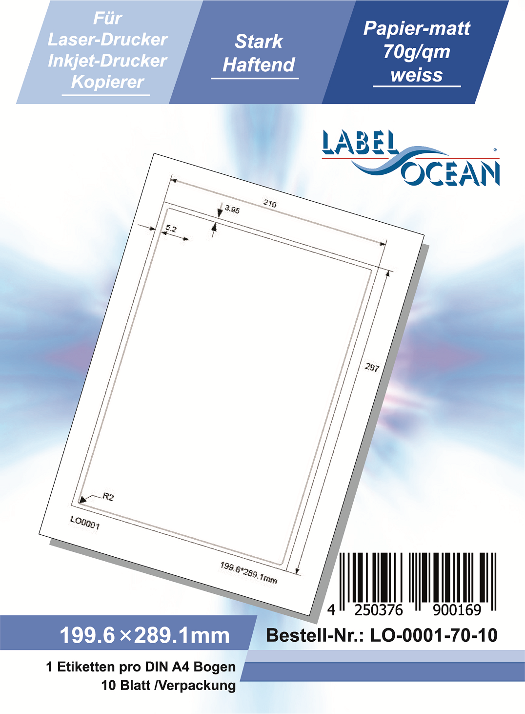 Klebeetiketten DIN A4 weiß 199,6x289,1mm (Laser Inkjet Kopierer) 10 Blatt