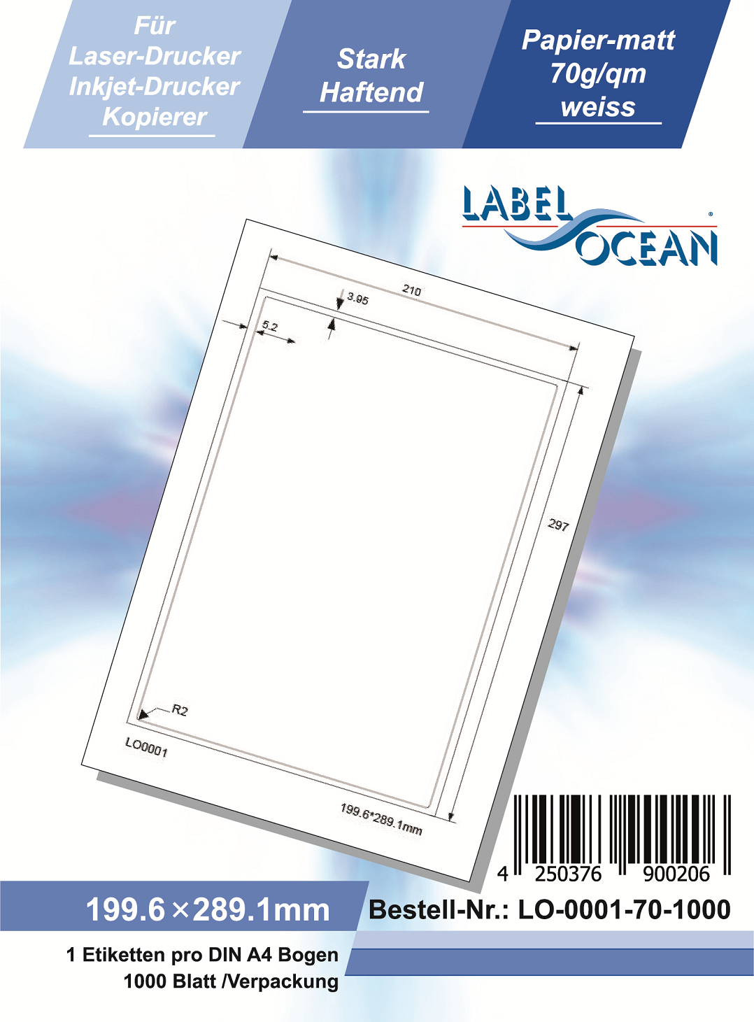 Klebeetiketten DIN A4 weiß 199,6x289,1mm (Laser Inkjet Kopierer) 1000 Blatt