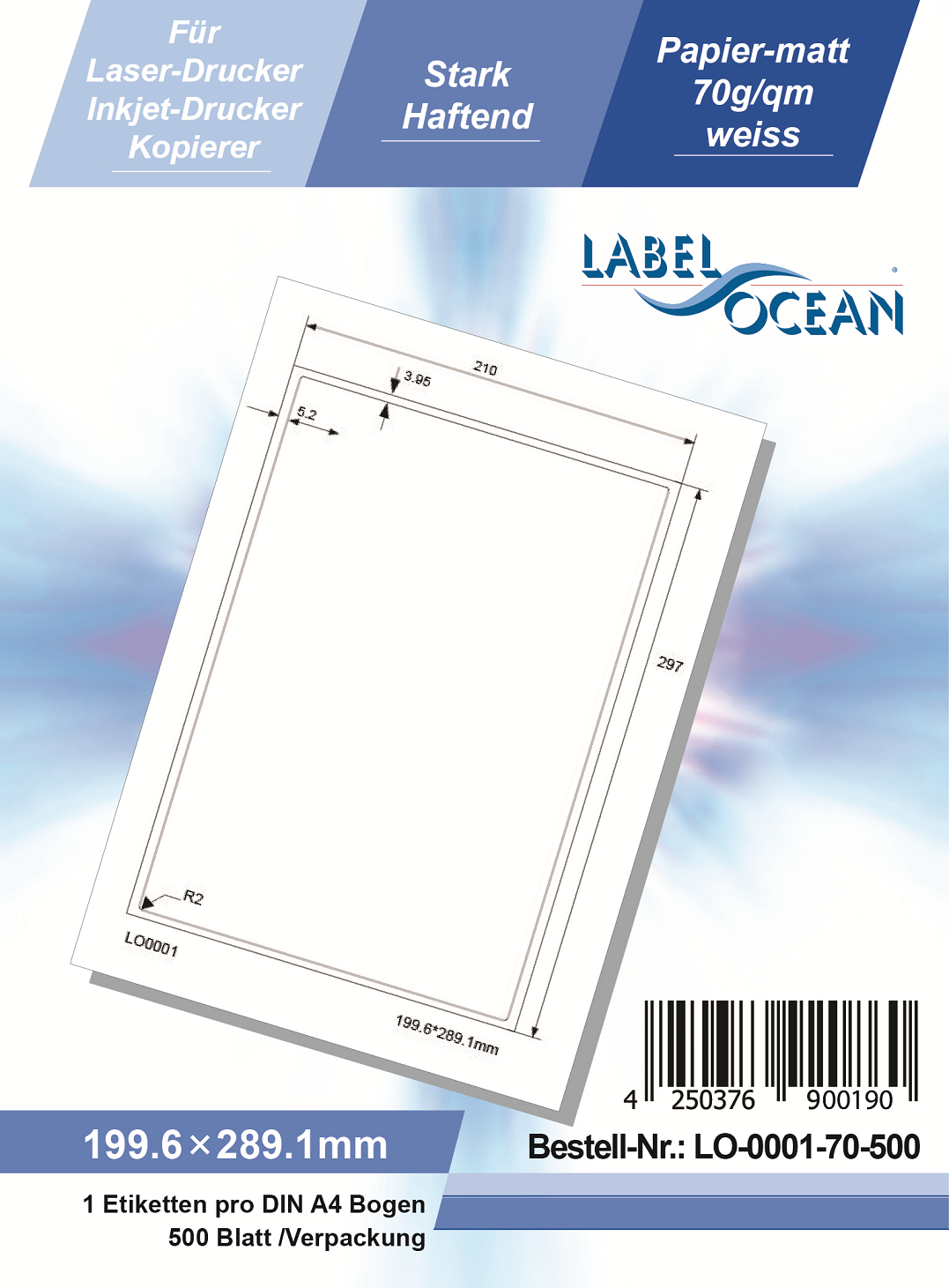 Klebeetiketten DIN A4 weiß 199,6x289,1mm (Laser Inkjet Kopierer) 500 Blatt
