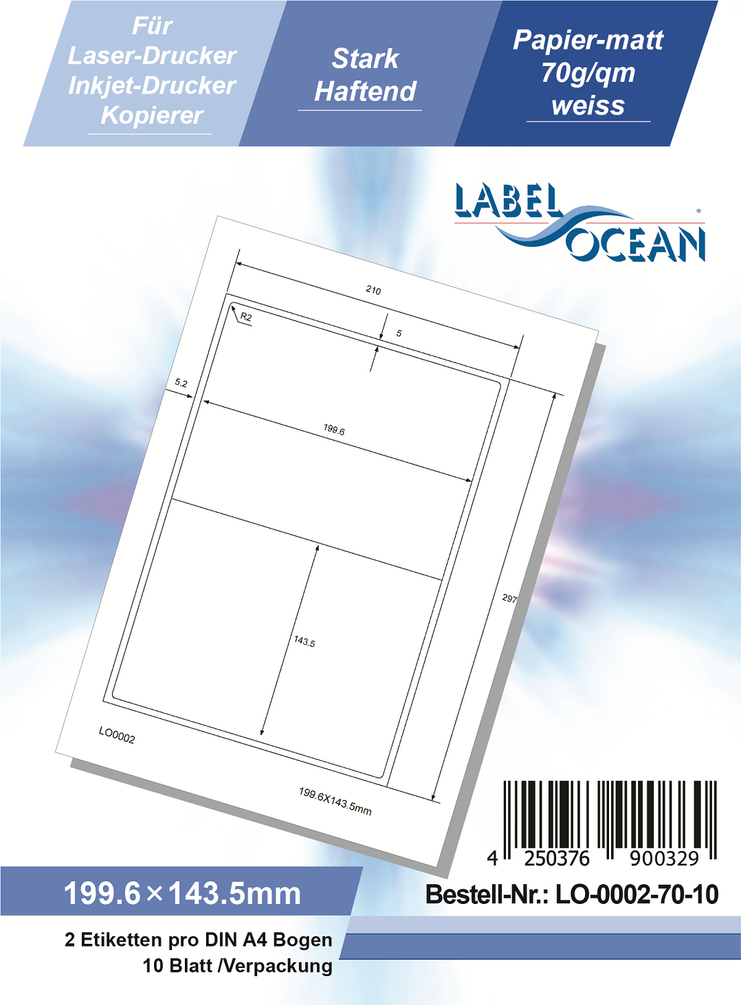 Klebeetiketten DIN A4 weiß 199,6x143,5mm (Laser Inkjet Kopierer) 10 Blatt