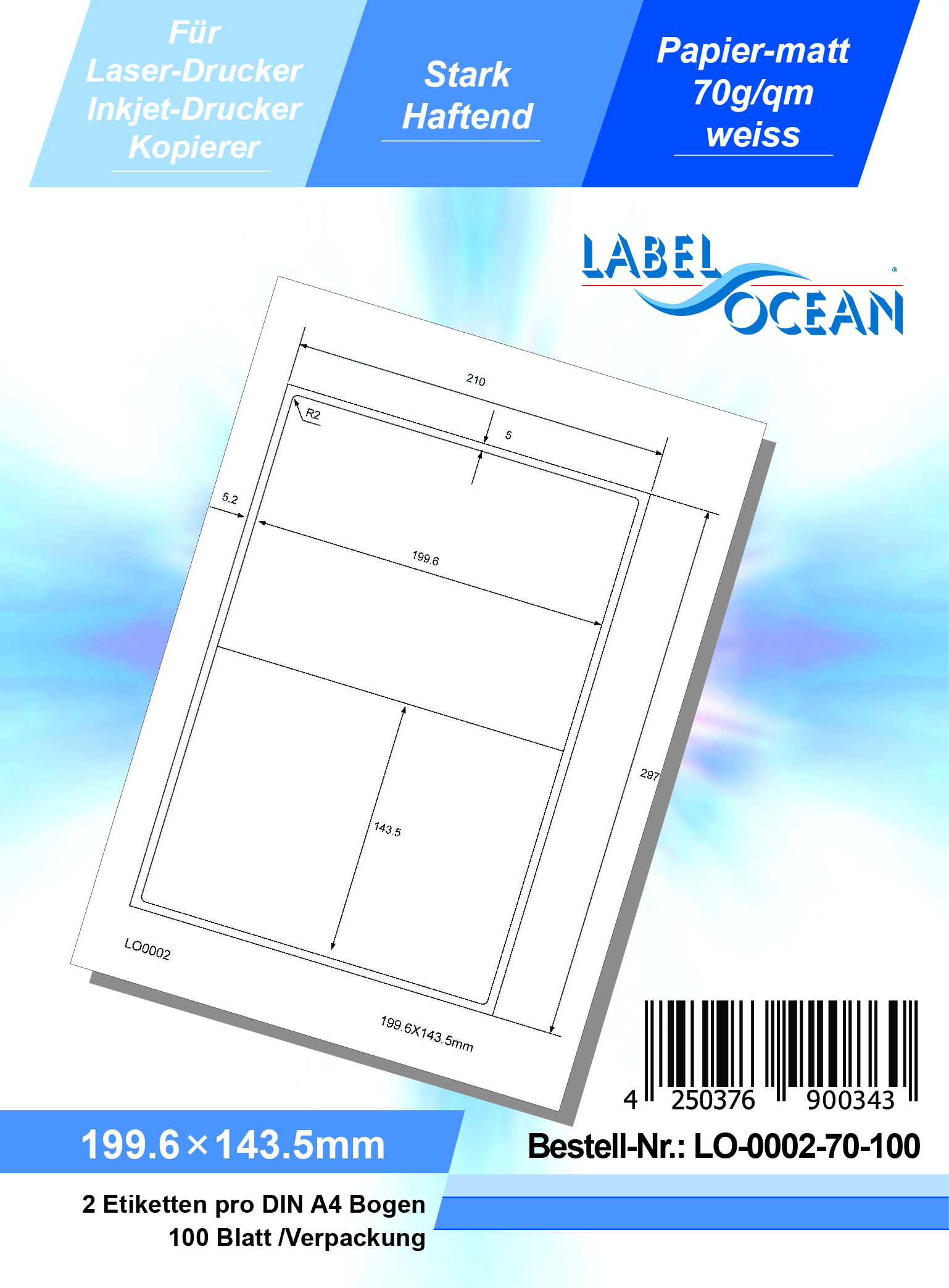 Klebeetiketten DIN A4 weiß 199,6x143,5mm (Laser Inkjet Kopierer) 100 Blatt