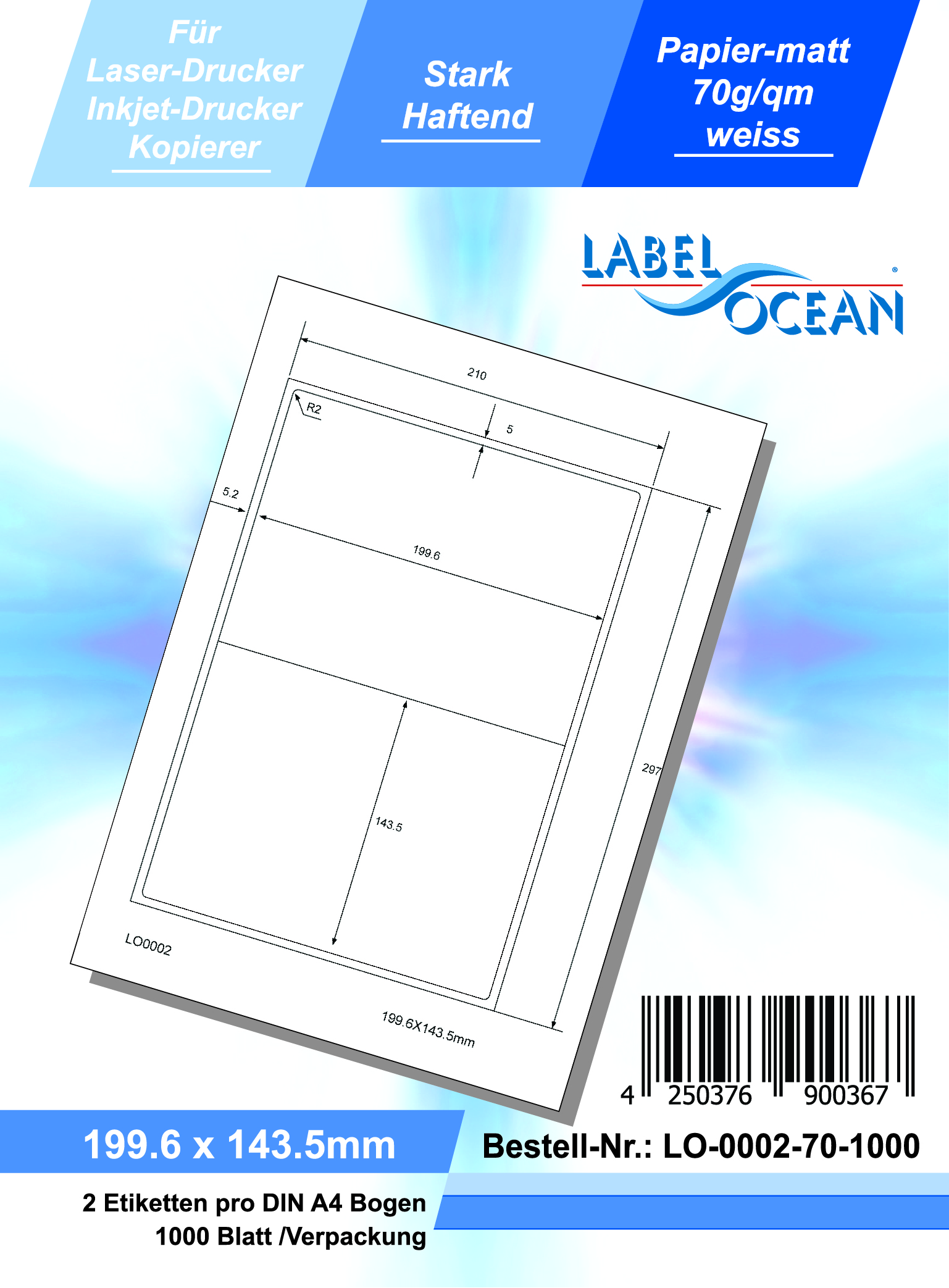 Klebeetiketten DIN A4 weiß 199,6x143,5mm (Laser Inkjet Kopierer) 1000 Blatt