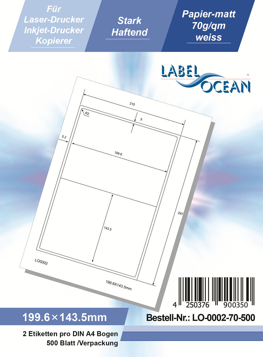 Klebeetiketten DIN A4 weiß 199,6x143,5mm (Laser Inkjet Kopierer) 500 Blatt