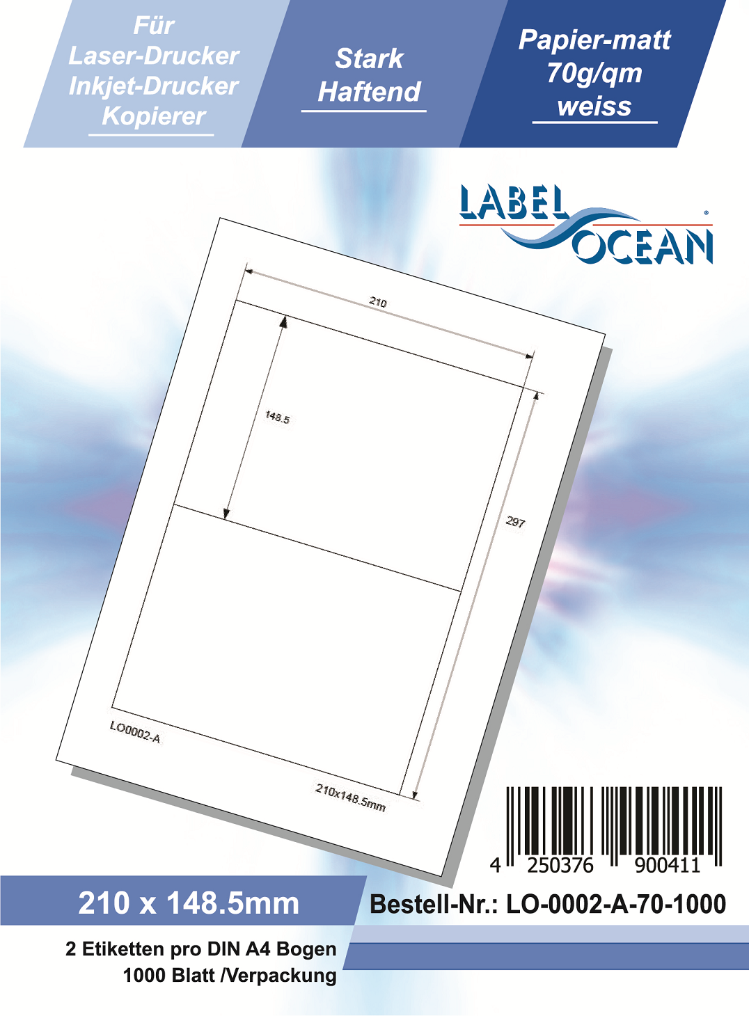 Klebeetiketten DIN A4 weiß 210x148,5mm (Laser Inkjet Kopierer) 1000 Blatt