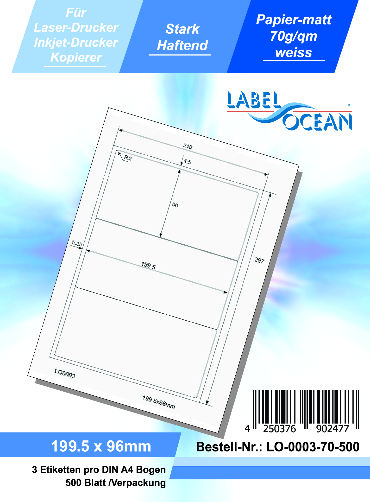 Klebeetiketten DIN A4 weiß 199,5x96mm (Laser Inkjet Kopierer) 500 Blatt