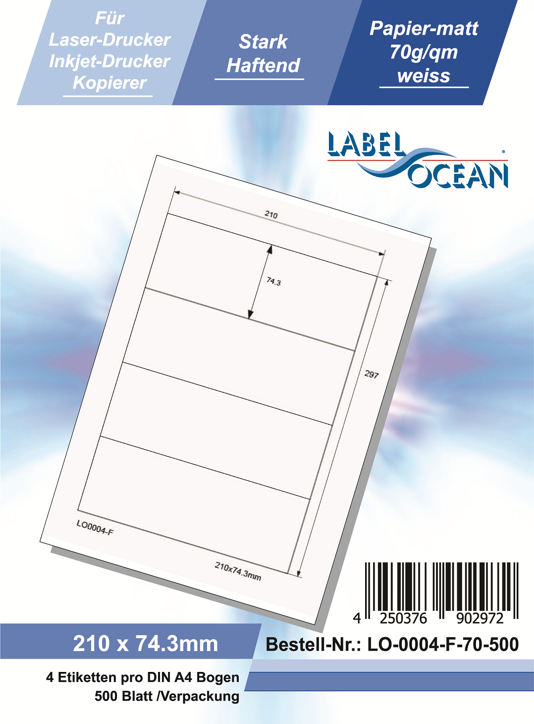 Klebeetiketten DIN A4 weiß 210x74,3mm (Laser Inkjet Kopierer) 500 Blatt