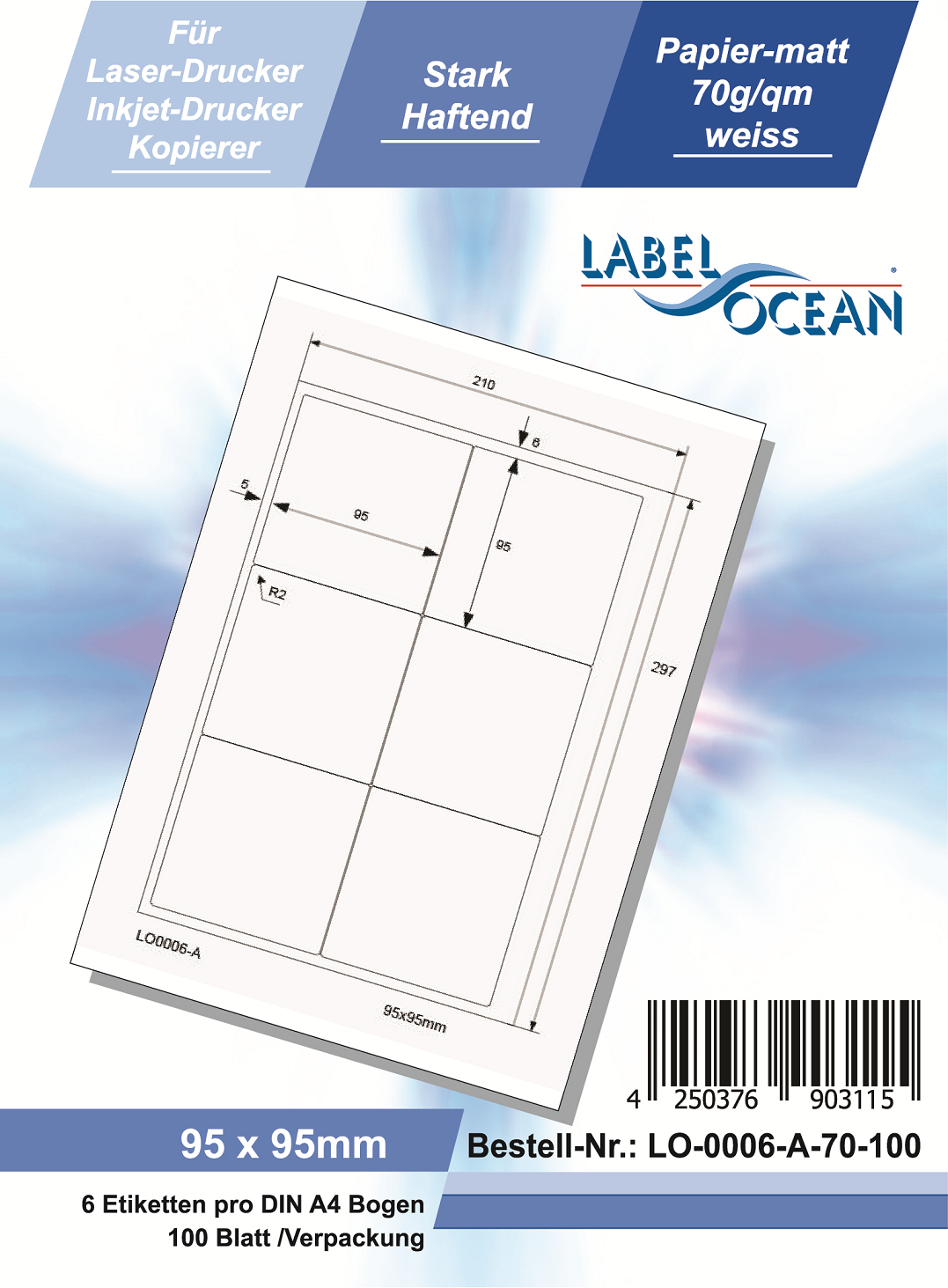 Klebeetiketten DIN A4 weiß 95x95mm (Laser Inkjet Kopierer) 100 Blatt