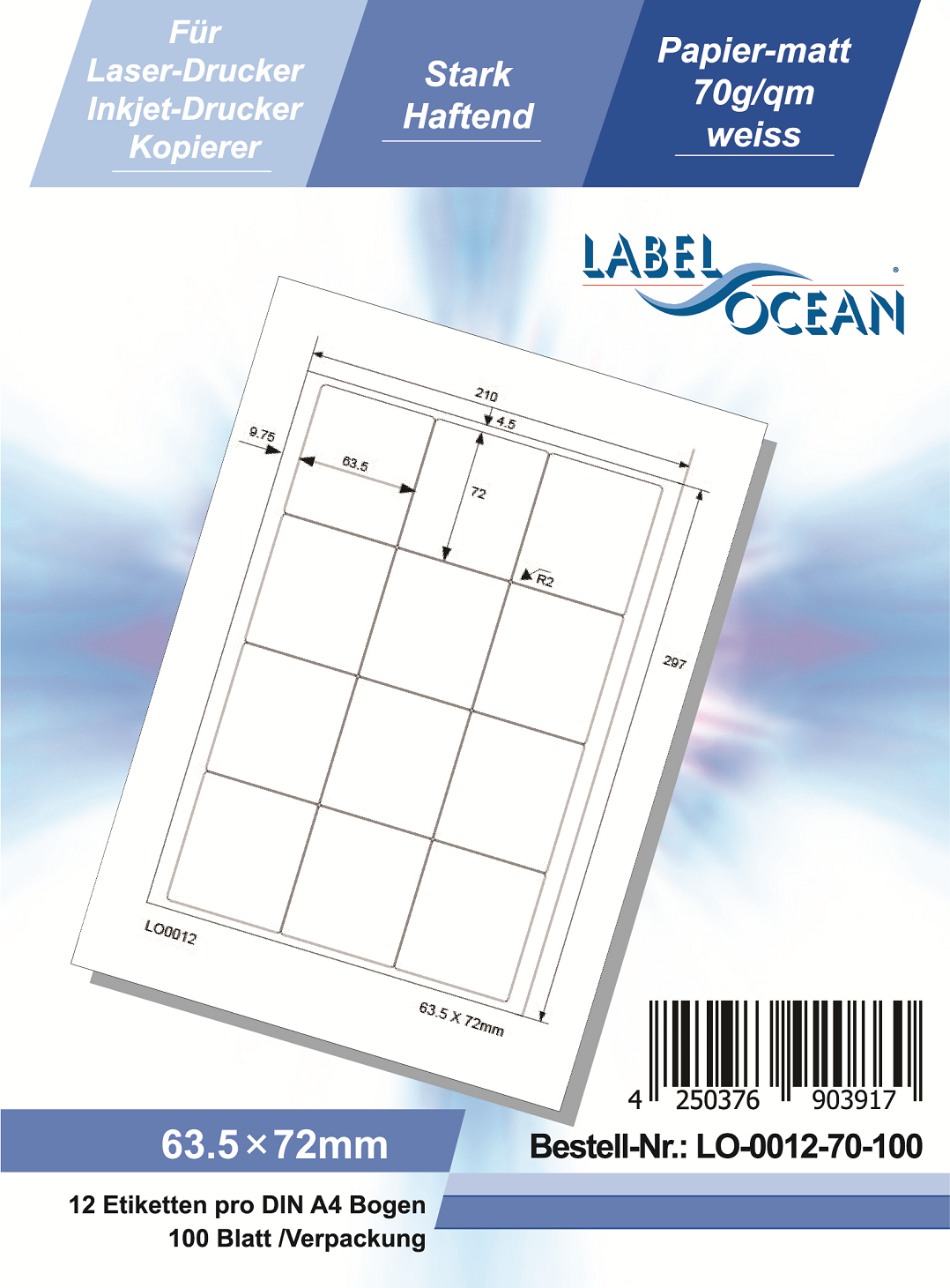Klebeetiketten DIN A4 weiß 63,5x72mm (Laser Inkjet Kopierer) 100 Blatt