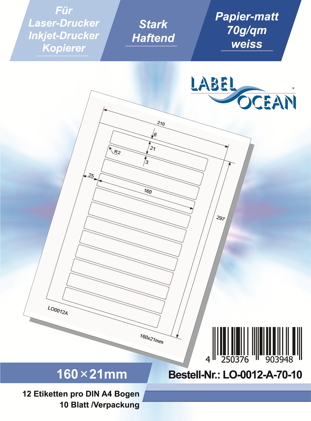 Klebeetiketten DIN A4 weiß 160x21mm (Laser Inkjet Kopierer) 10 Blatt