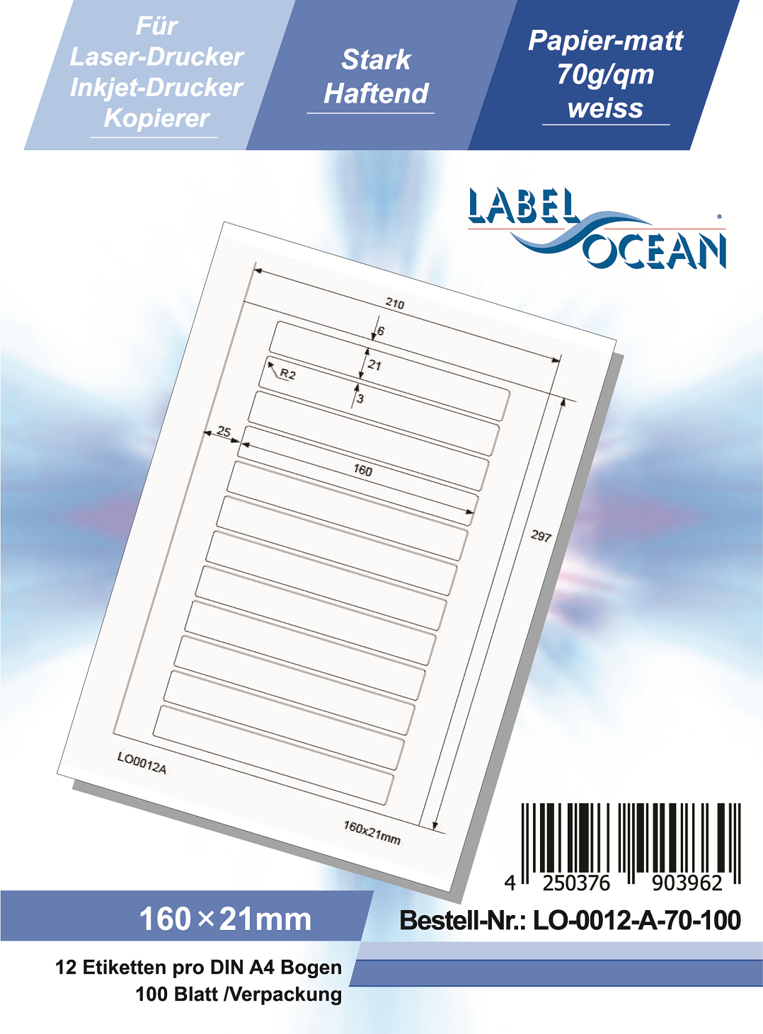Klebeetiketten DIN A4 weiß 160x21mm (Laser Inkjet Kopierer) 100 Blatt