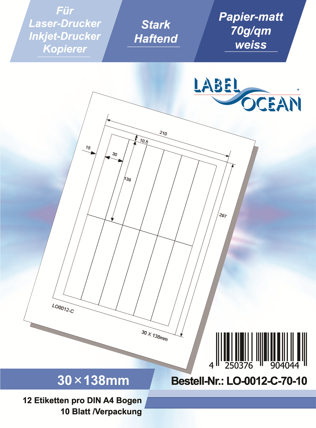 Klebeetiketten DIN A4 weiß 30x138mm (Laser Inkjet Kopierer) 10 Blatt