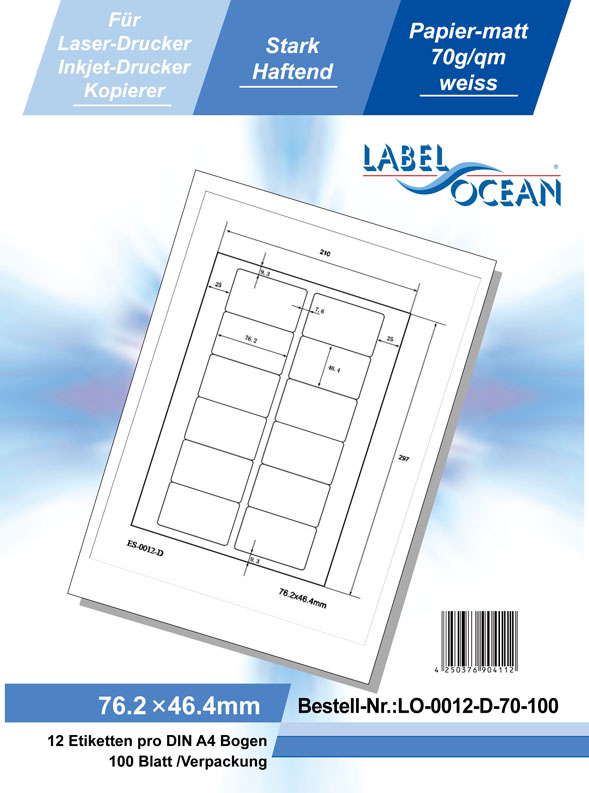 Klebeetiketten DIN A4 weiß 76,2x46,4mm (Laser Inkjet Kopierer) 100 Blatt
