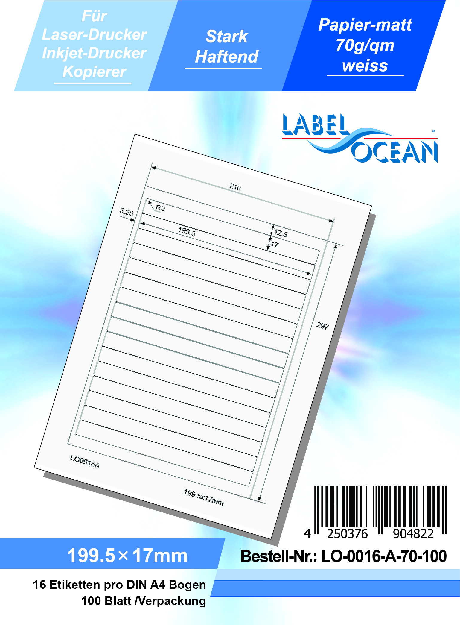 Klebeetiketten DIN A4 weiß 199,5x17mm (Laser Inkjet Kopierer) 100 Blatt