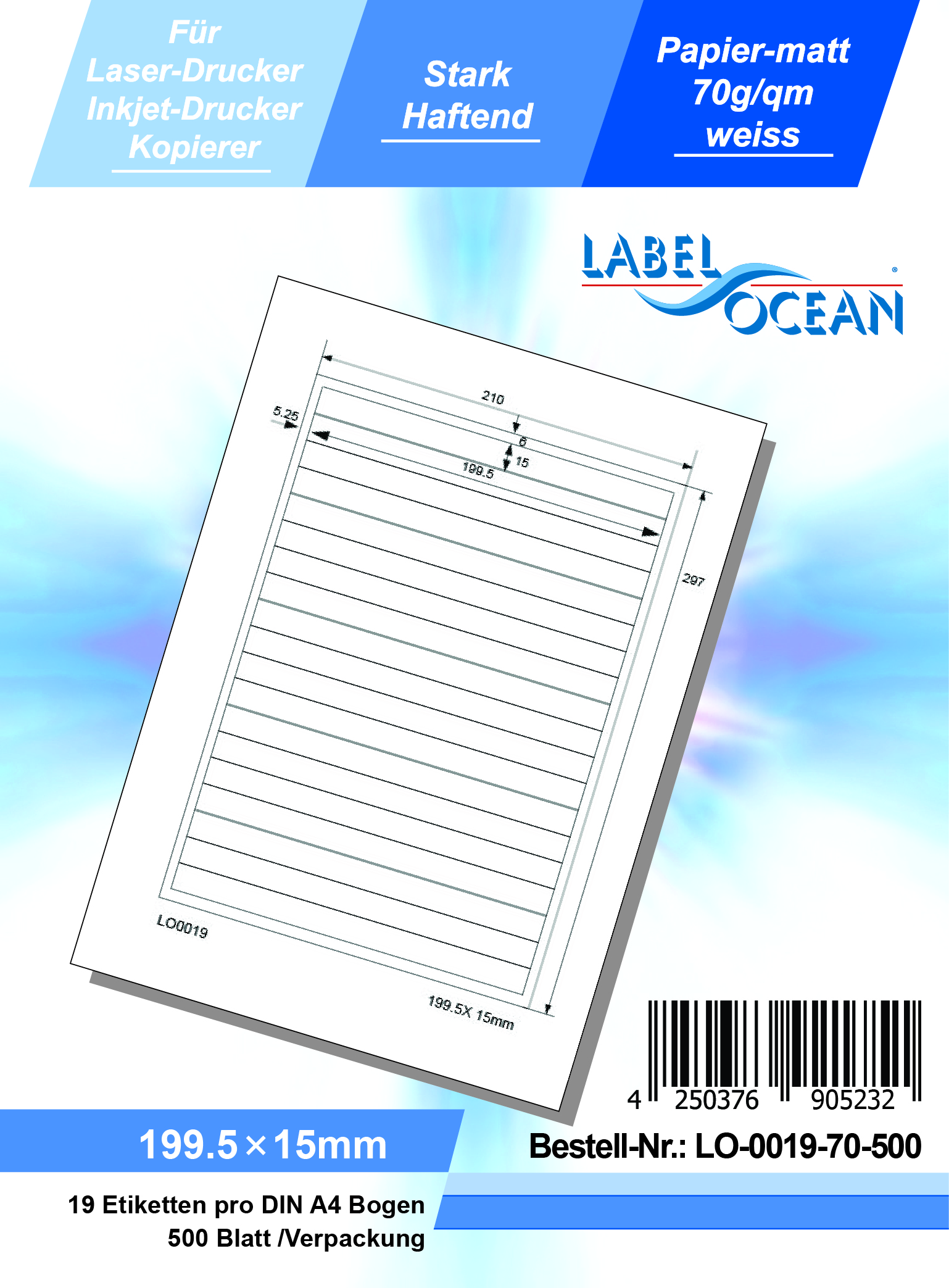 Klebeetiketten DIN A4 weiß 199,5x15mm (Laser Inkjet Kopierer) 500 Blatt
