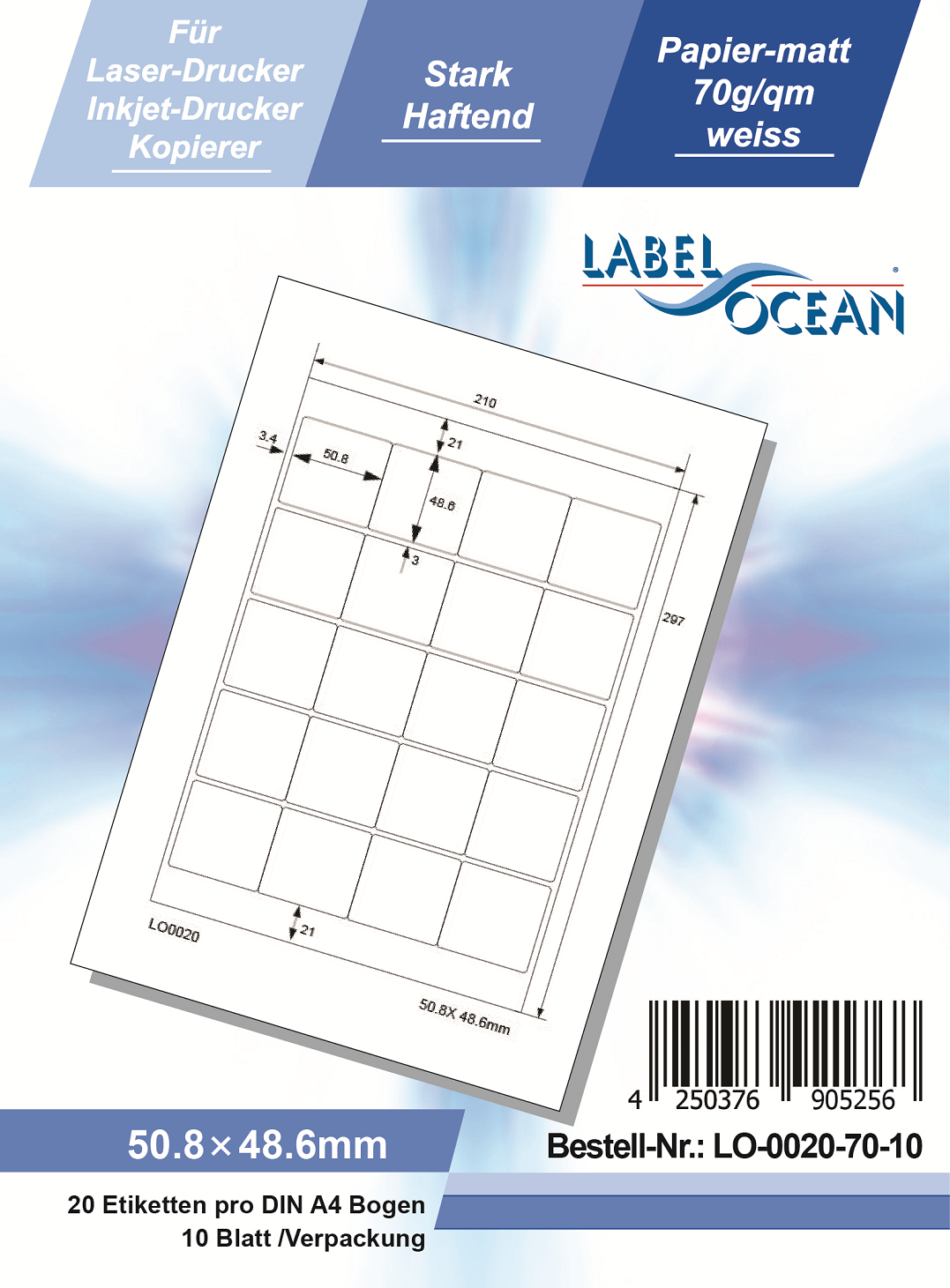 Klebeetiketten DIN A4 weiß 50,8x48,6mm (Laser Inkjet Kopierer) 10 Blatt