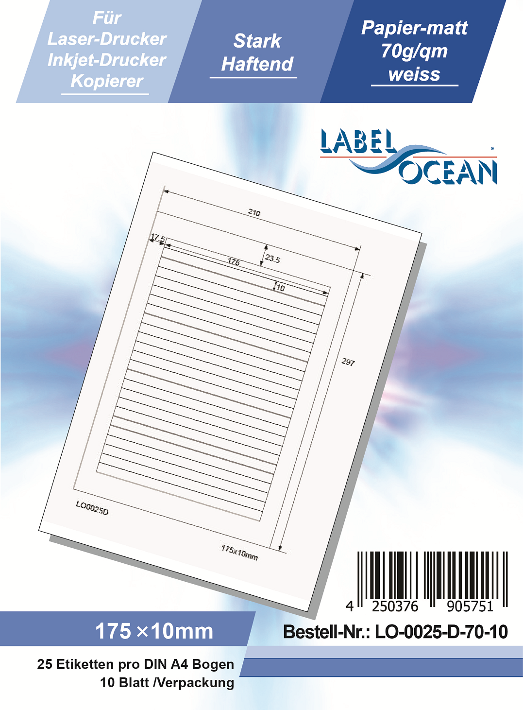 Klebeetiketten DIN A4 weiß 175x10mm (Laser Inkjet Kopierer) 10 Blatt