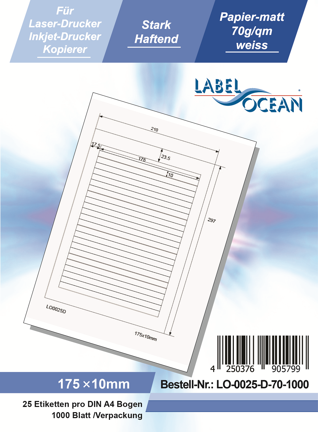 Klebeetiketten DIN A4 weiß 175x10mm (Laser Inkjet Kopierer) 1000 Blatt
