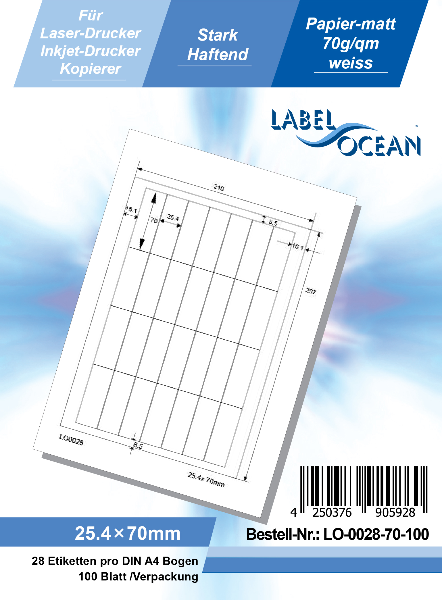 Klebeetiketten DIN A4 weiß 25,4x70mm (Laser Inkjet Kopierer) 100 Blatt