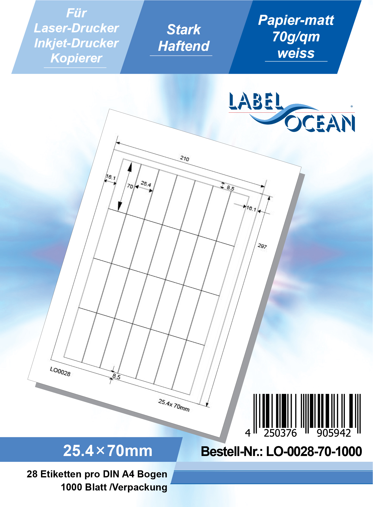 Klebeetiketten DIN A4 weiß 25,4x70mm (Laser Inkjet Kopierer) 1000 Blatt
