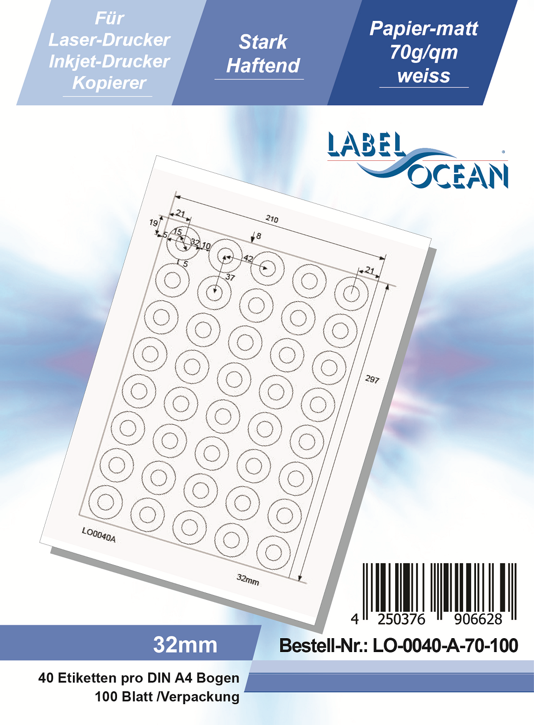 Klebeetiketten DIN A4 weiß 32mm (Laser Inkjet Kopierer) 100 Blatt