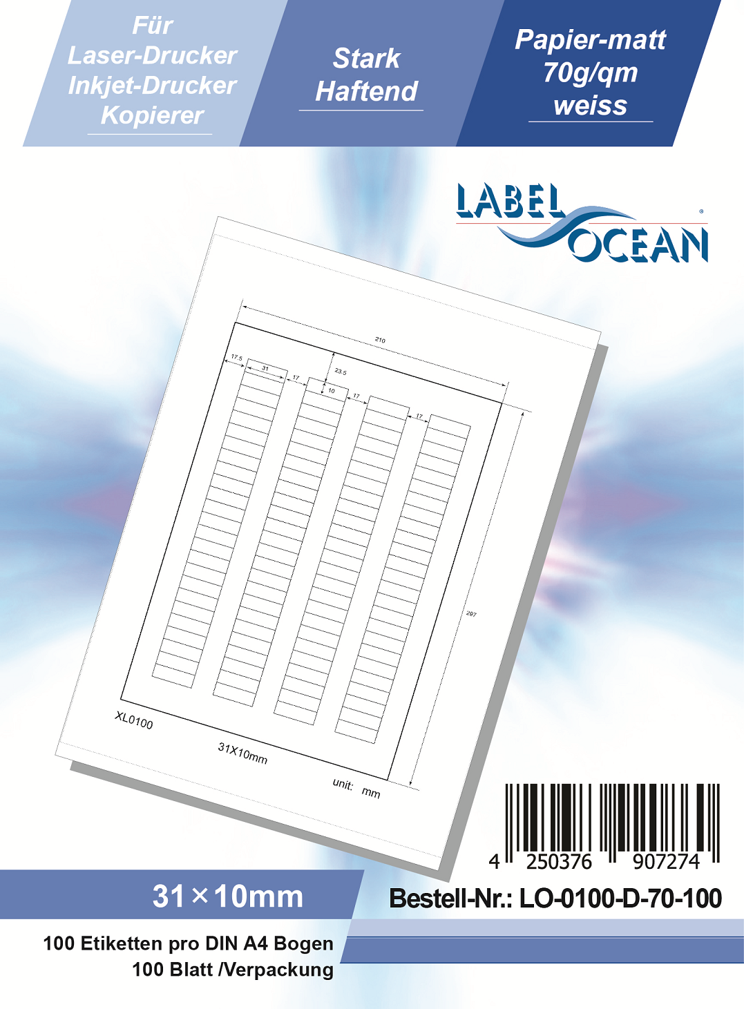 Klebeetiketten DIN A4 weiß 31x10mm (Laser Inkjet Kopierer) 100 Blatt