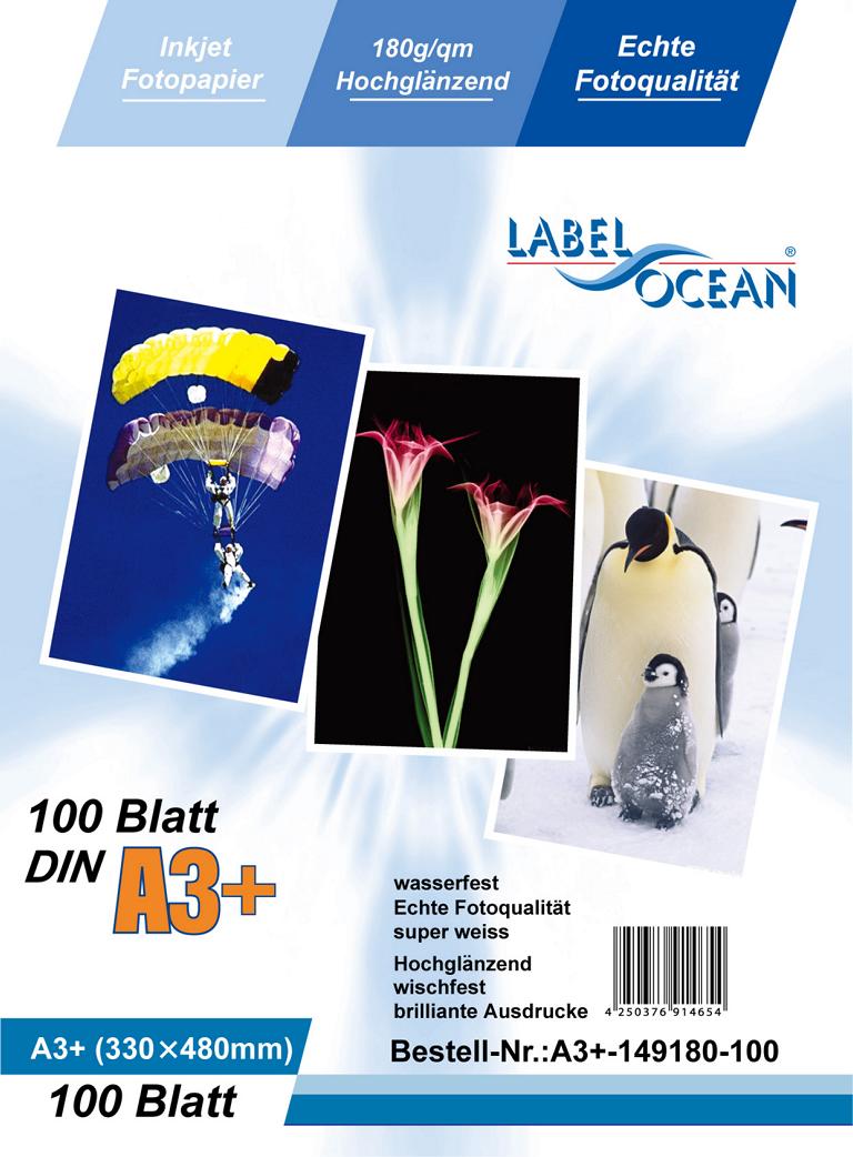 100 Blatt DIN A3+ 180g/m² Fotopapier HGlossy+wasserfest von LabelOcean